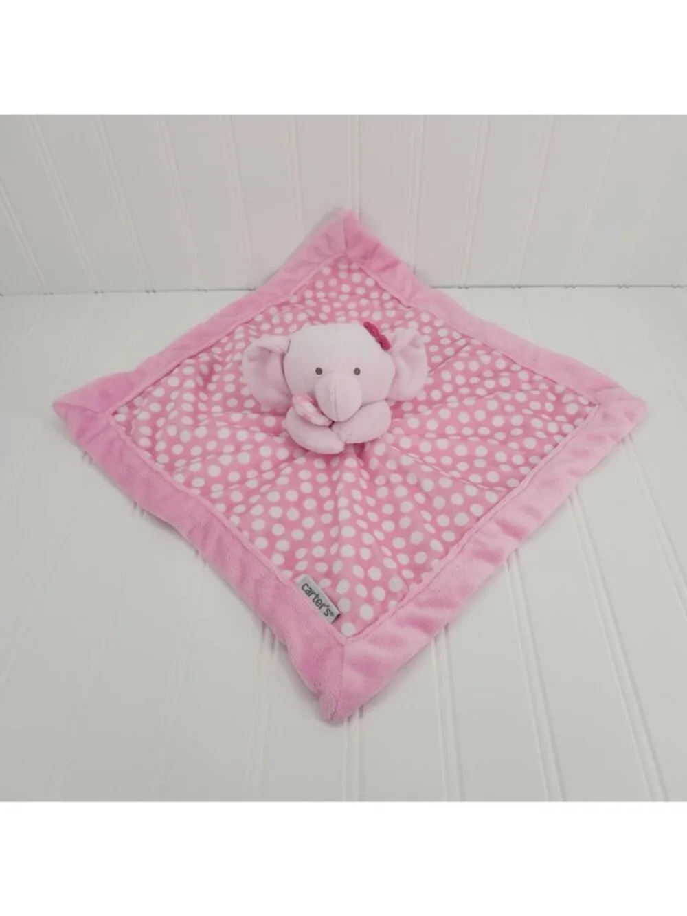 Carters Elephant Lovey Pink Plush Security Blanket Polka Dot Baby Comfort Toy